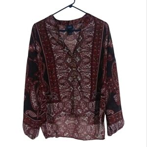 Daytrip Long Sleeve Burgundy Paisley Patterned Hi-Low Blouse Size Small